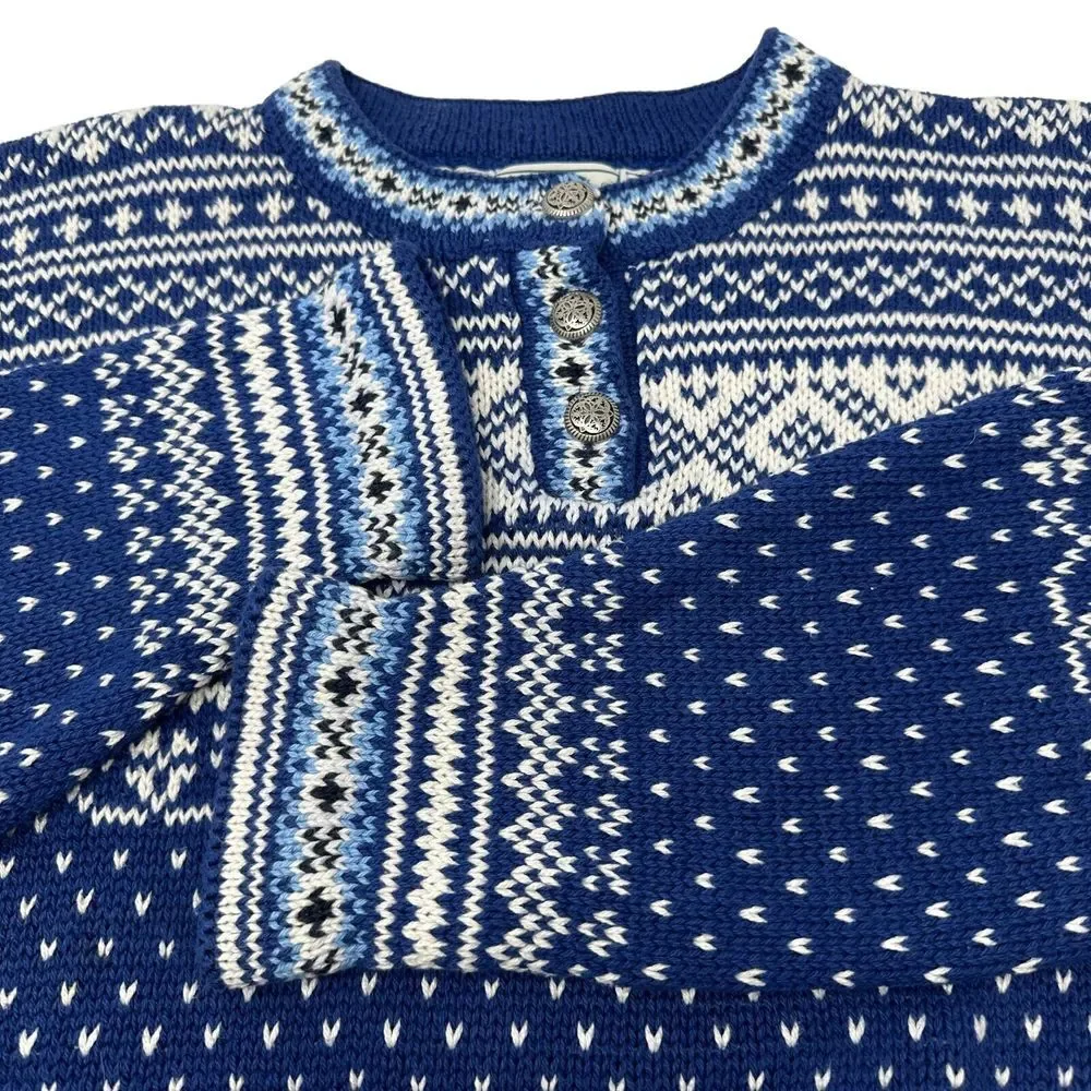 LL Bean Women's Blue White Fair Isle Cotton Crewneck 3 Button Sweater Medium - Picture 4 of 13